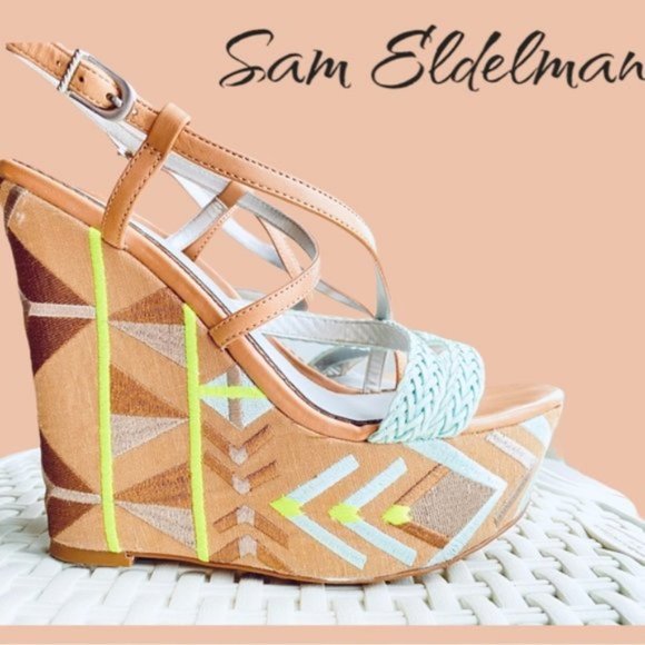 Vintage Sam Edelman Wedge Platform Mozaic Strappy Sandals - Picture 3 of 14